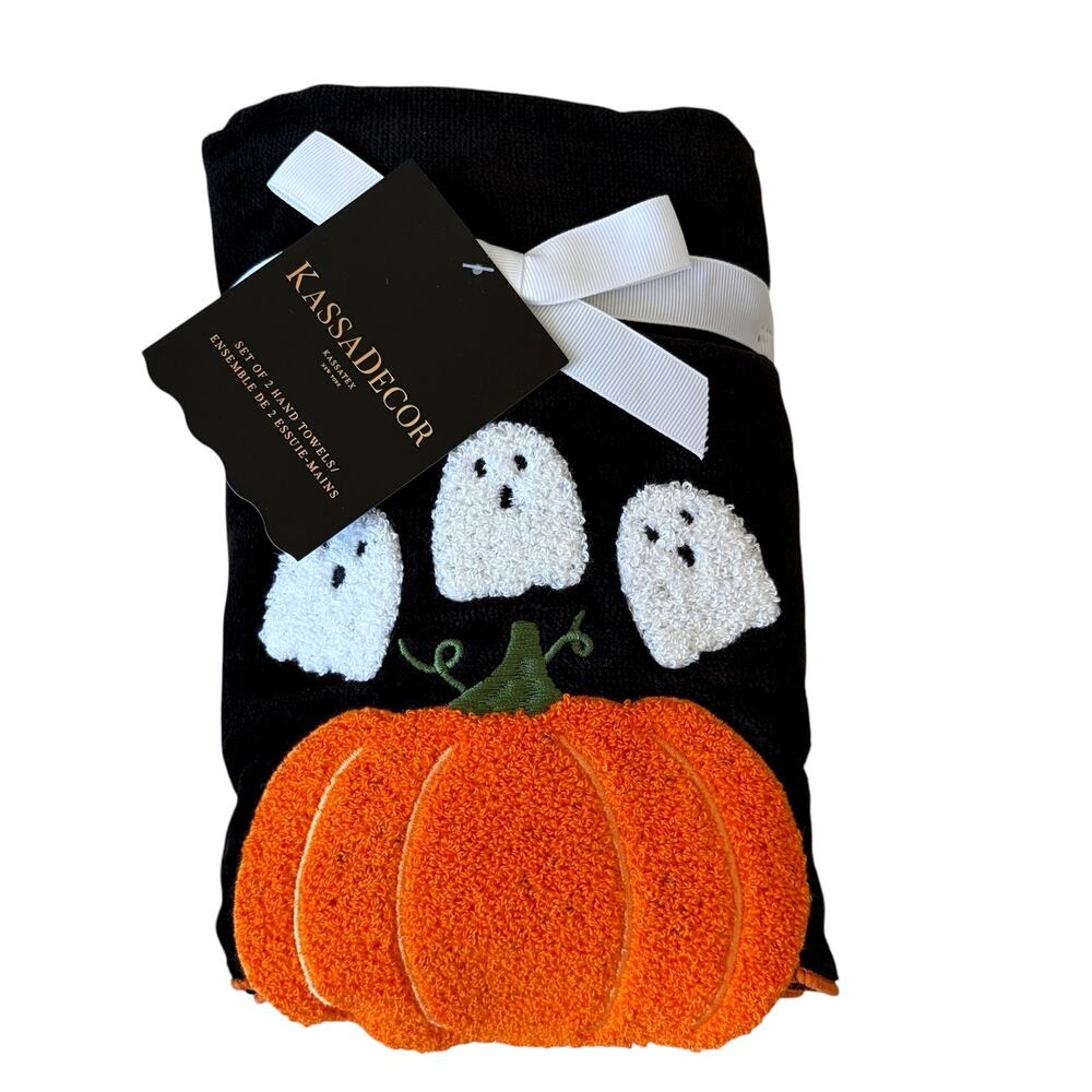 Kassadecor Embroidered Halloween Hand Towel Set of 2 Plush Pumpkins Ghost NEW